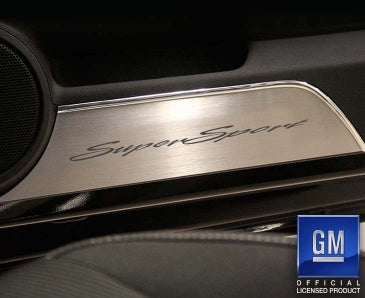 2010-2015 Camaro SS - Door Panel Kick Plates 'Super Sport' Script Style 2Pc - Brushed Stainless Steel