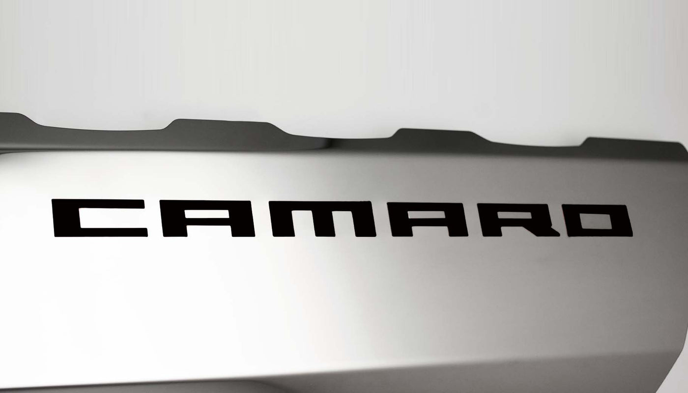 2016-2021 Camaro SS - Fuel Rail Cover Overlays with CAMARO Cutout 2Pc - Polished Stainless Steel