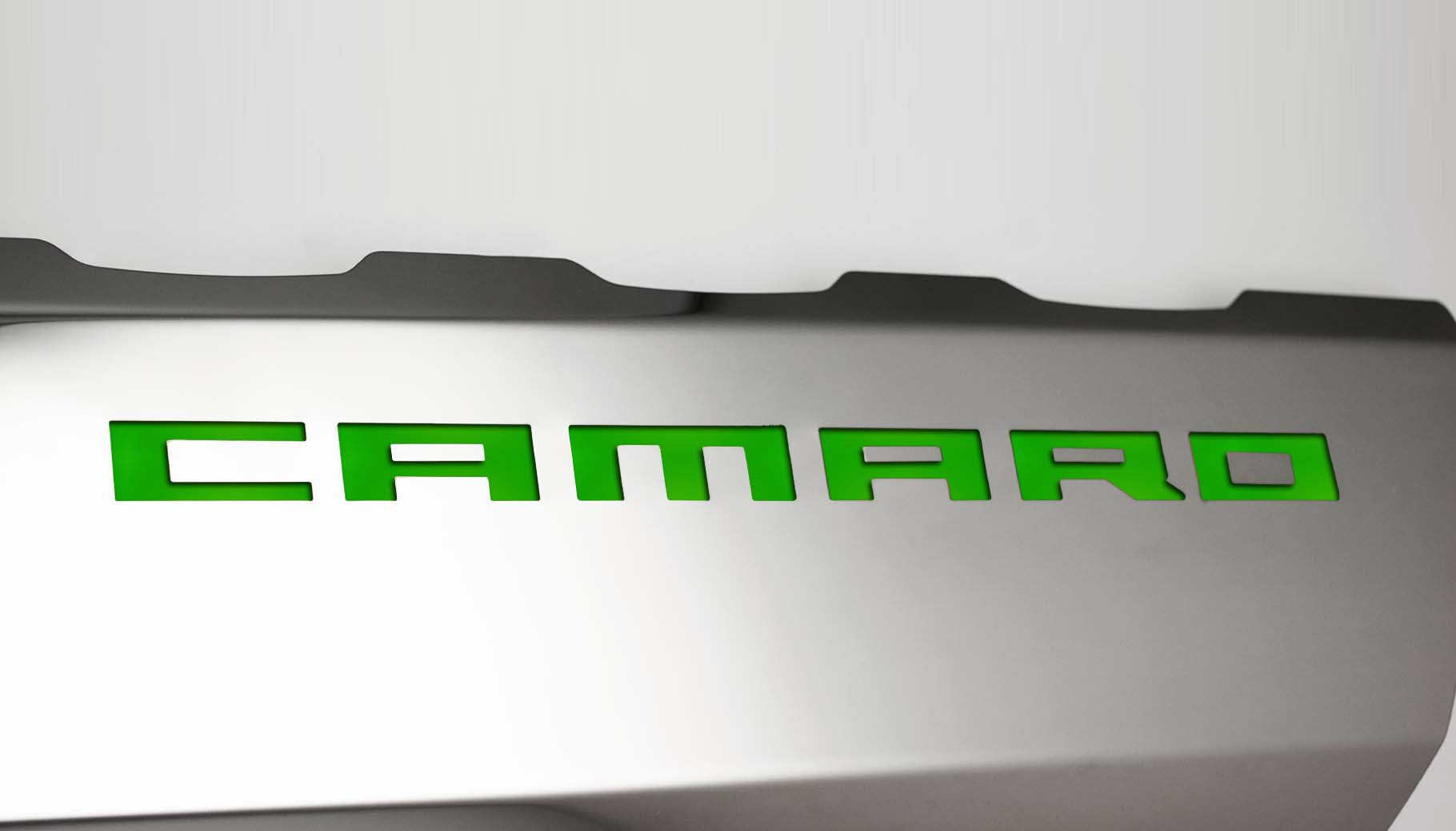 Light Gray 2016-2021 Camaro SS - Fuel Rail Cover Overlays with CAMARO Cutout 2Pc - Polished Stainless Steel
