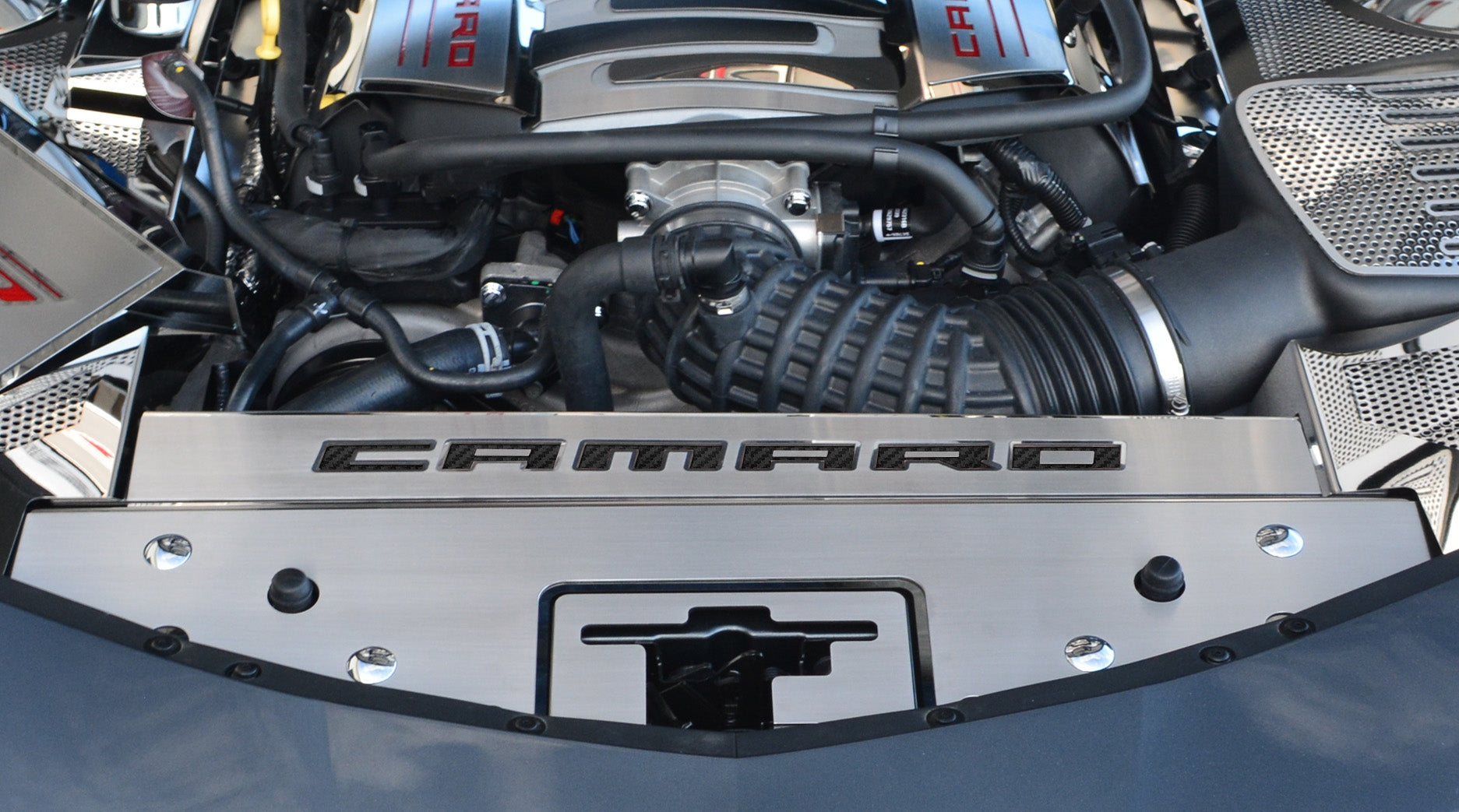 Dark Slate Gray 2016-2020 Camaro - Front Header Plate CAMARO Style - Stainless Steel