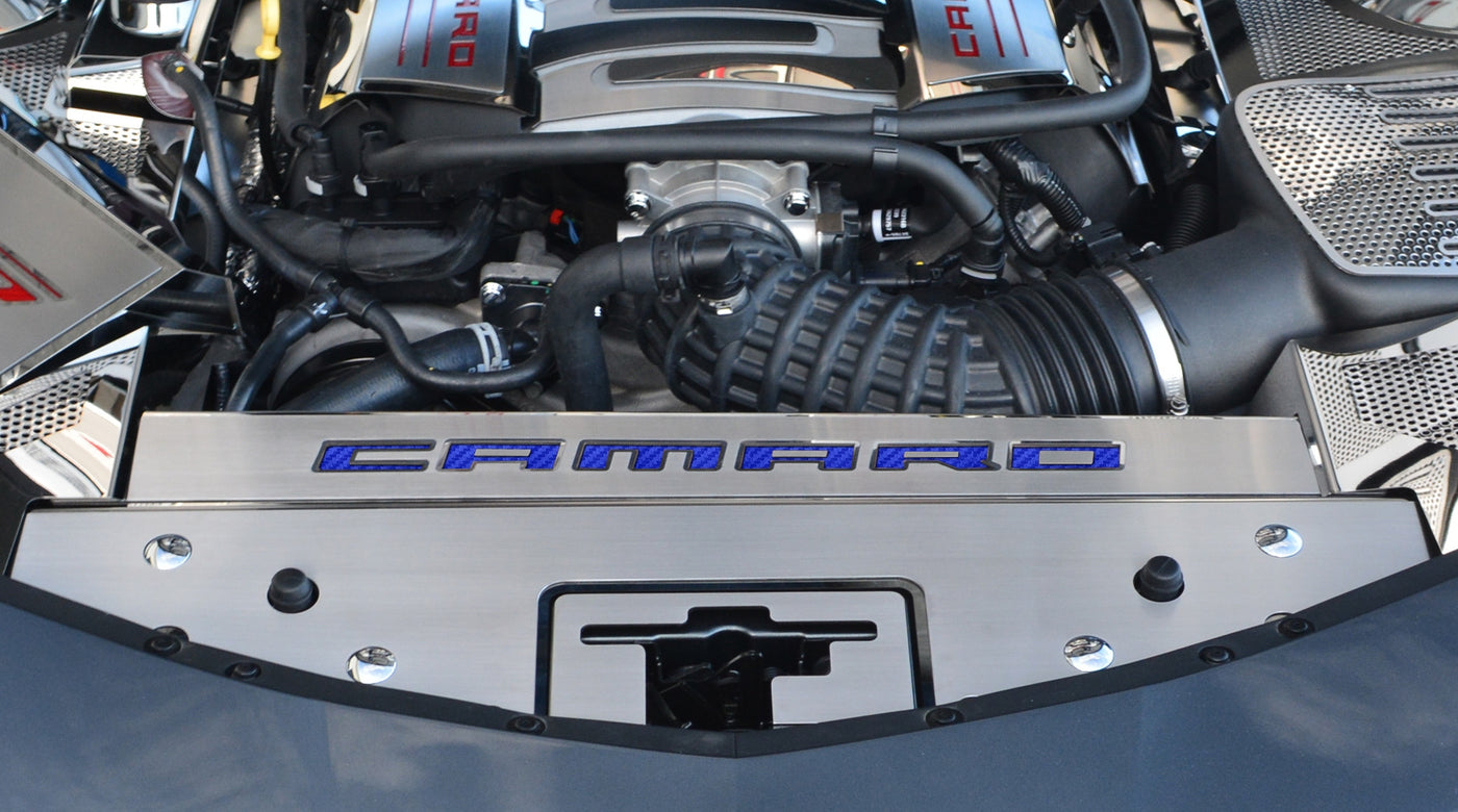 Dim Gray 2016-2020 Camaro - Front Header Plate CAMARO Style - Stainless Steel