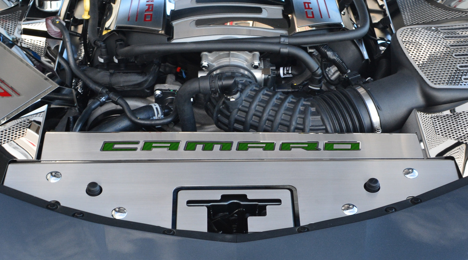 Dark Slate Gray 2016-2020 Camaro - Front Header Plate CAMARO Style - Stainless Steel