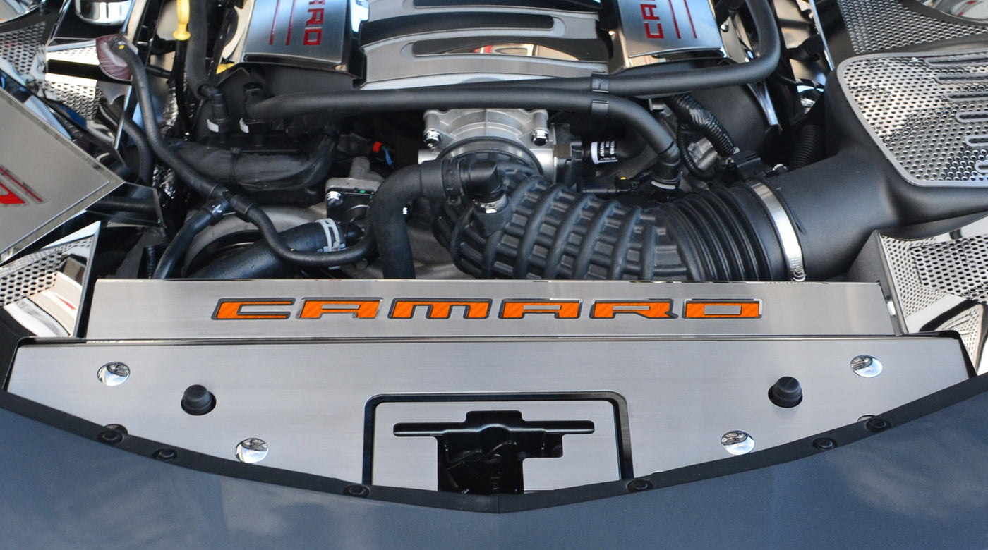 Dark Slate Gray 2016-2020 Camaro - Front Header Plate CAMARO Style - Stainless Steel