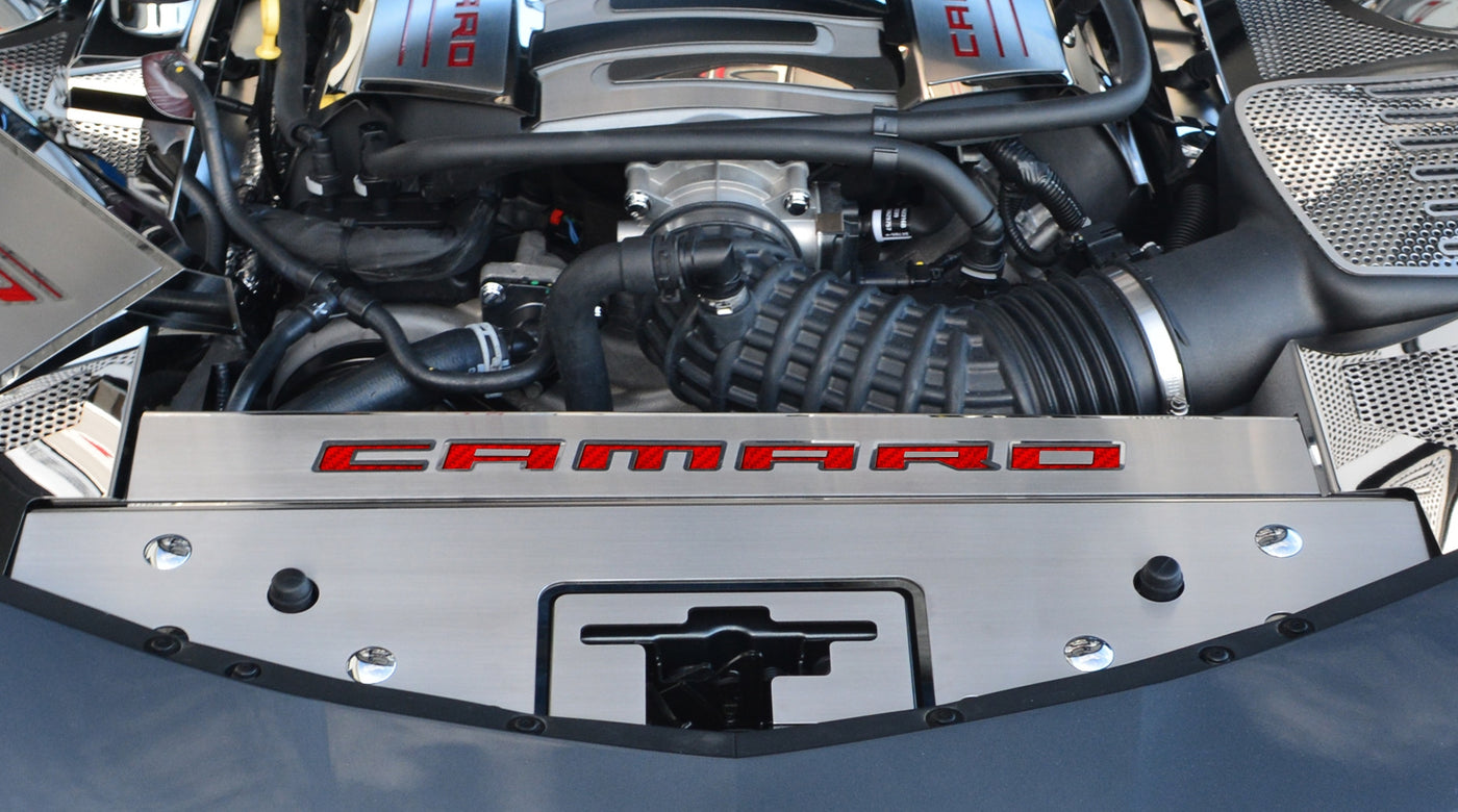 Dark Slate Gray 2016-2020 Camaro - Front Header Plate CAMARO Style - Stainless Steel