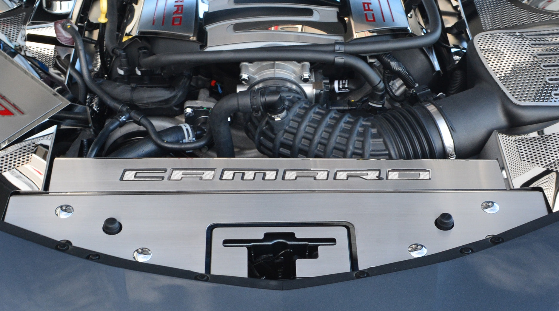 Dim Gray 2016-2020 Camaro - Front Header Plate CAMARO Style - Stainless Steel