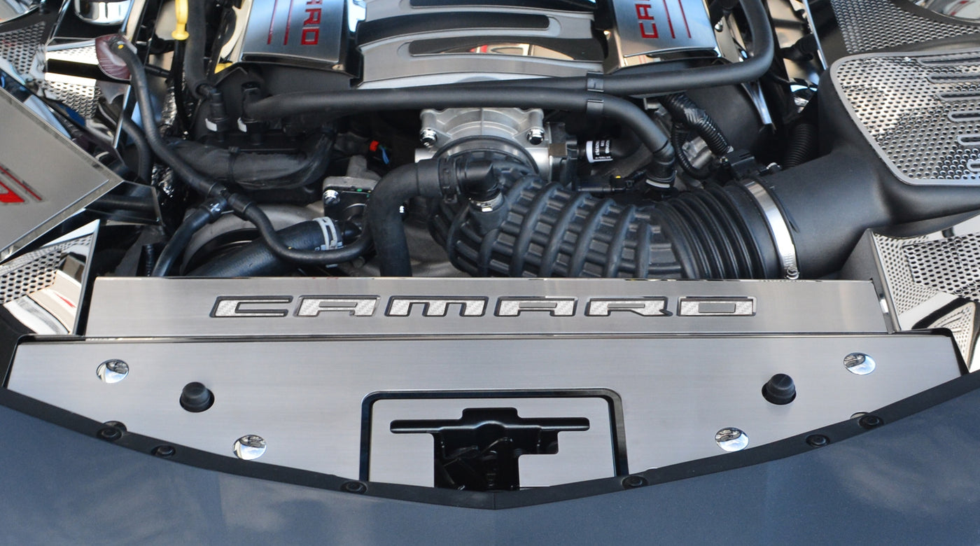 Dim Gray 2016-2020 Camaro - Front Header Plate CAMARO Style - Stainless Steel