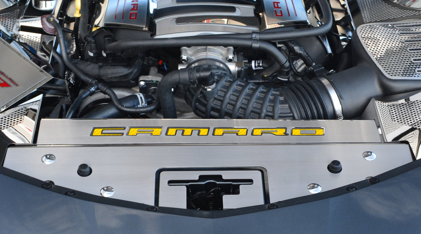 Dark Slate Gray 2016-2020 Camaro - Front Header Plate CAMARO Style - Stainless Steel
