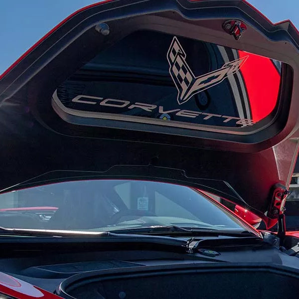 Black 2020-2024 C8 Corvette - Etched Logo Frunk Panel w/Brushed Trim Ring - Polished Finish
