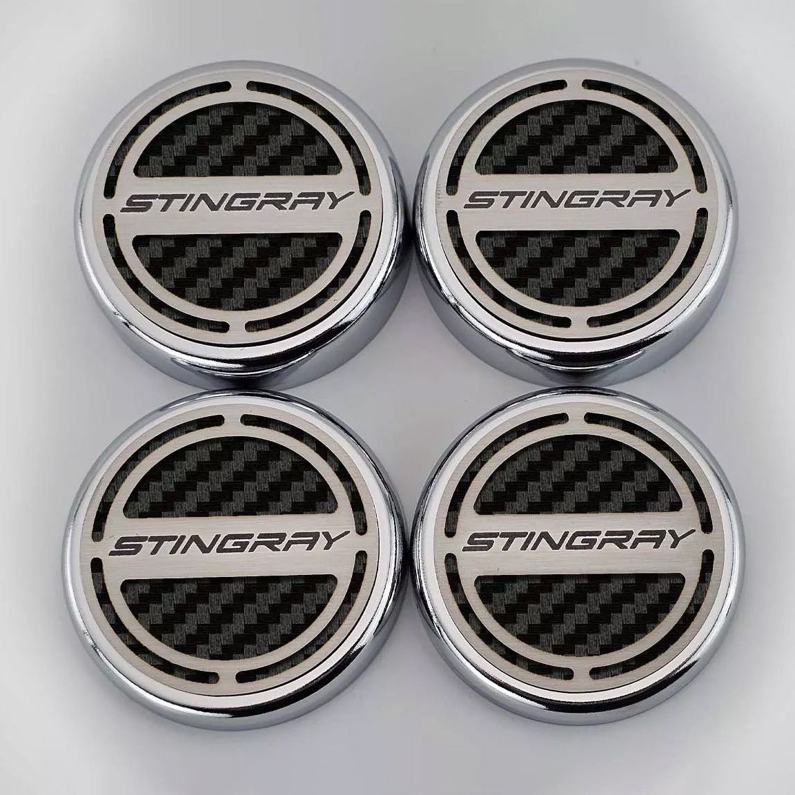 2020-2024 C8 Corvette Coupe - Cap Cover Set 4pc Carbon Fiber Inserts with Stainless Stingray Logo - Polished/Brushed Finish