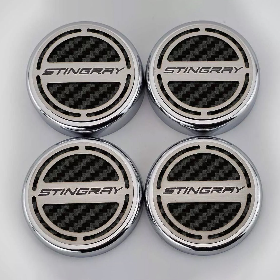 Gray 2020-2024 C8 Corvette Coupe - Cap Cover Set 4pc Carbon Fiber Inserts with Stainless Stingray Logo - Polished/Brushed Finish