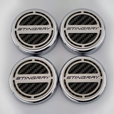 Gray 2020-2024 C8 Corvette Coupe - Cap Cover Set 4pc Carbon Fiber Inserts with Stainless Stingray Logo - Polished/Brushed Finish