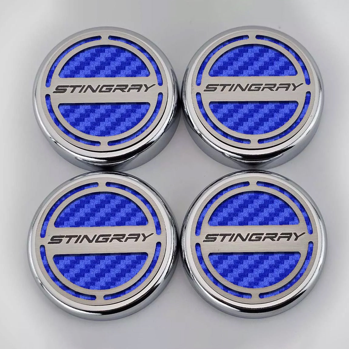 Gray 2020-2024 C8 Corvette Coupe - Cap Cover Set 4pc Carbon Fiber Inserts with Stainless Stingray Logo - Polished/Brushed Finish