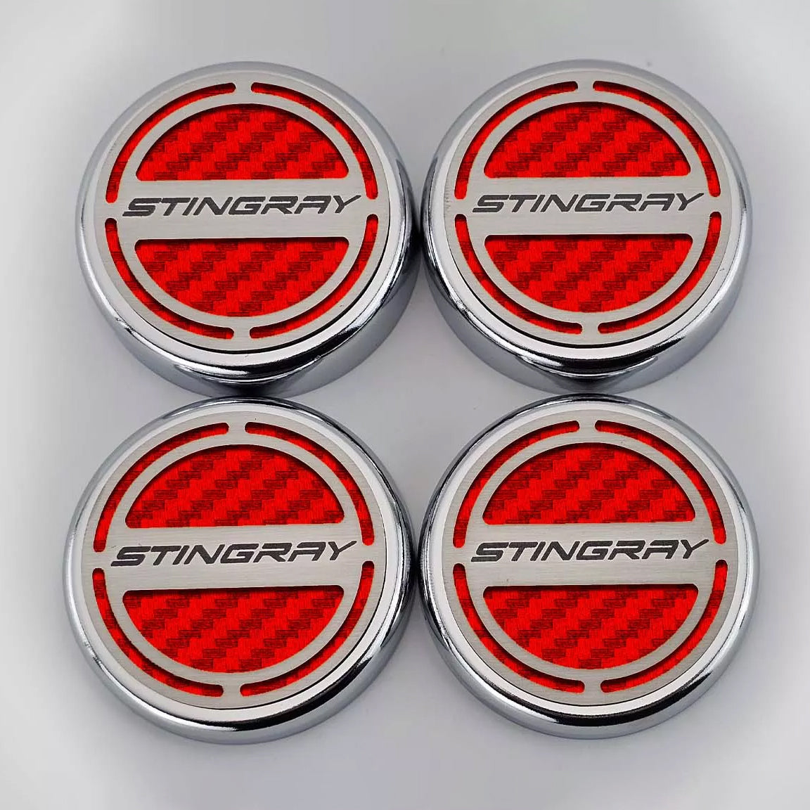 Gray 2020-2024 C8 Corvette Coupe - Cap Cover Set 4pc Carbon Fiber Inserts with Stainless Stingray Logo - Polished/Brushed Finish