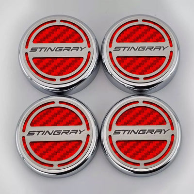 Gray 2020-2024 C8 Corvette Coupe - Cap Cover Set 4pc Carbon Fiber Inserts with Stainless Stingray Logo - Polished/Brushed Finish