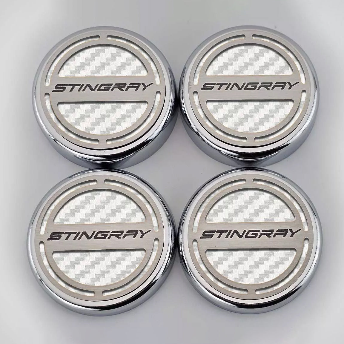 Gray 2020-2024 C8 Corvette Coupe - Cap Cover Set 4pc Carbon Fiber Inserts with Stainless Stingray Logo - Polished/Brushed Finish