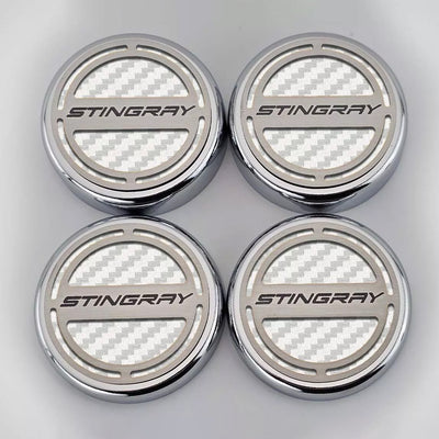 Gray 2020-2024 C8 Corvette Coupe - Cap Cover Set 4pc Carbon Fiber Inserts with Stainless Stingray Logo - Polished/Brushed Finish