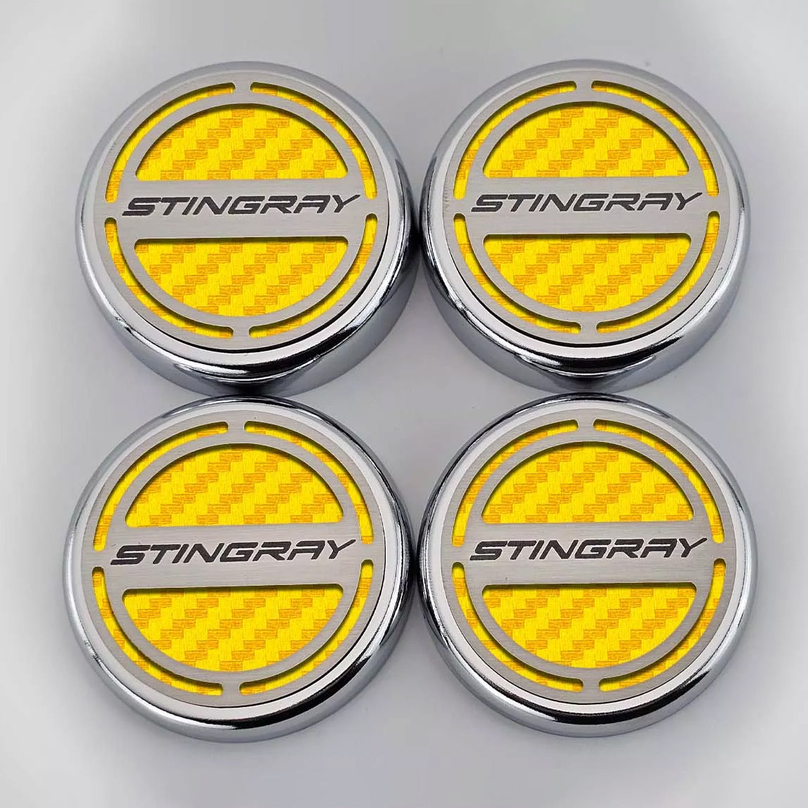 2020-2024 C8 Corvette Coupe - Cap Cover Set 4pc Carbon Fiber Inserts with Stainless Stingray Logo - Polished/Brushed Finish