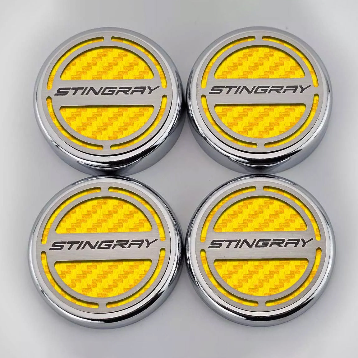 Gray 2020-2024 C8 Corvette Coupe - Cap Cover Set 4pc Carbon Fiber Inserts with Stainless Stingray Logo - Polished/Brushed Finish