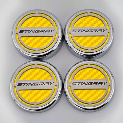 Gray 2020-2024 C8 Corvette Coupe - Cap Cover Set 4pc Carbon Fiber Inserts with Stainless Stingray Logo - Polished/Brushed Finish