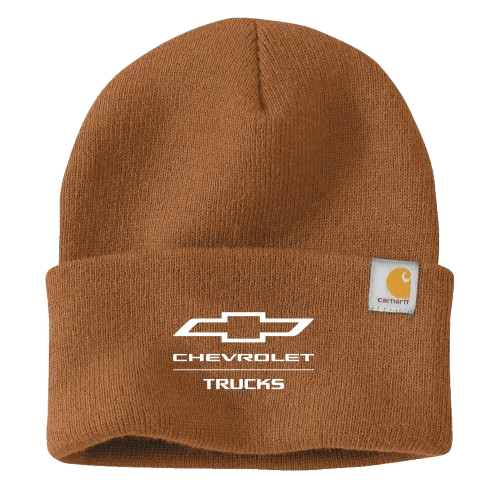 Brown beanie with Chevrolet Trucks logo and Carhartt label on a white background