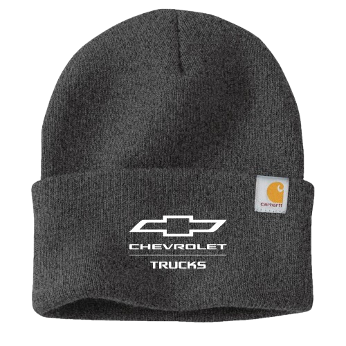 Gray knit beanie with Chevrolet Trucks logo and Carhartt label on a white background