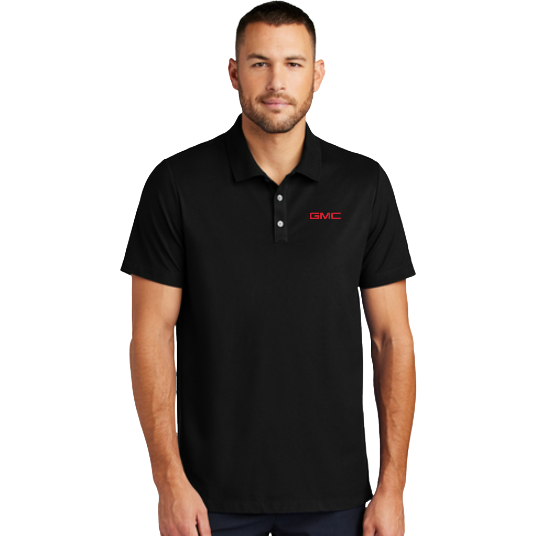 Man wearing a black polo shirt with GMC logo on a white background
