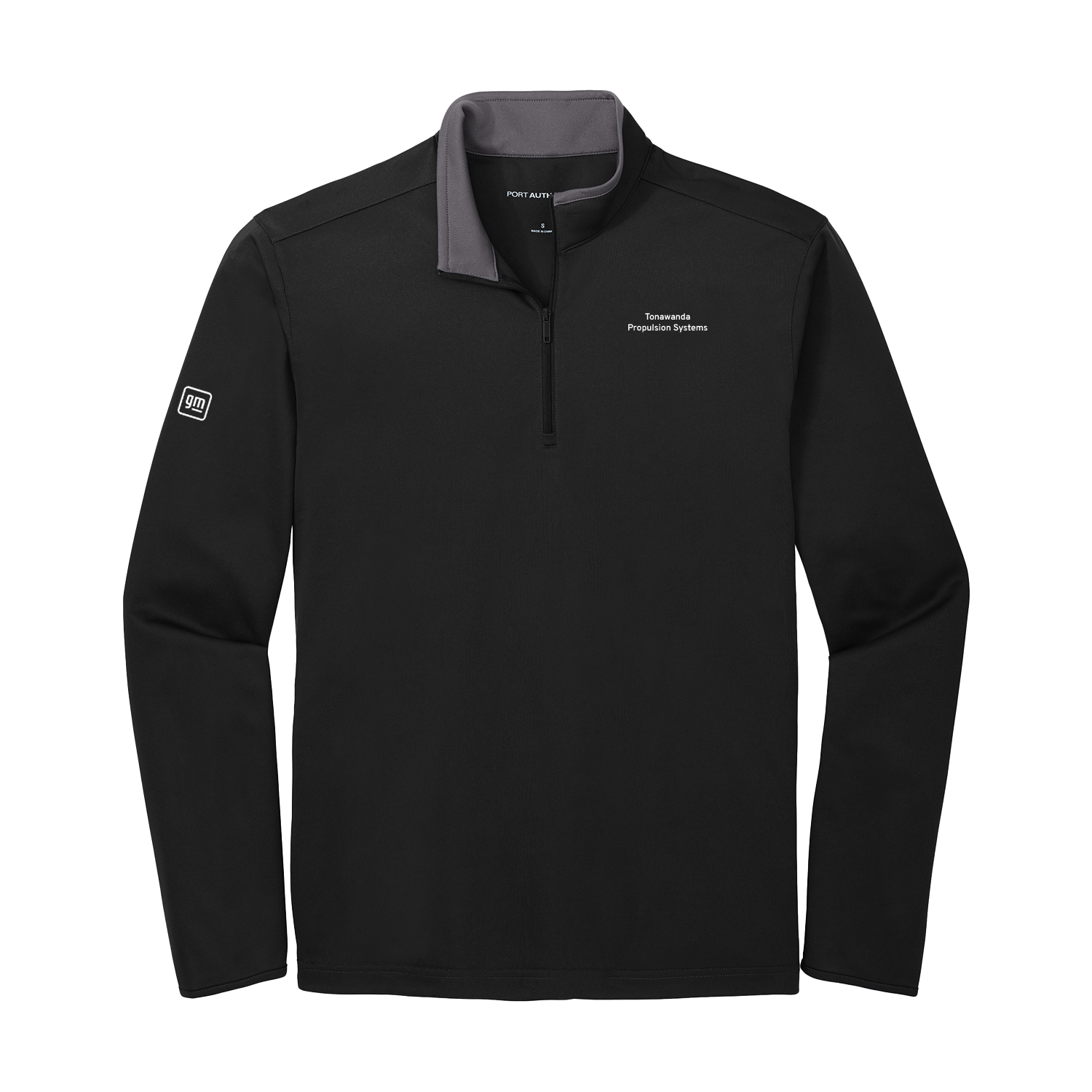 Black long-sleeve shirt with gray collar on a white background