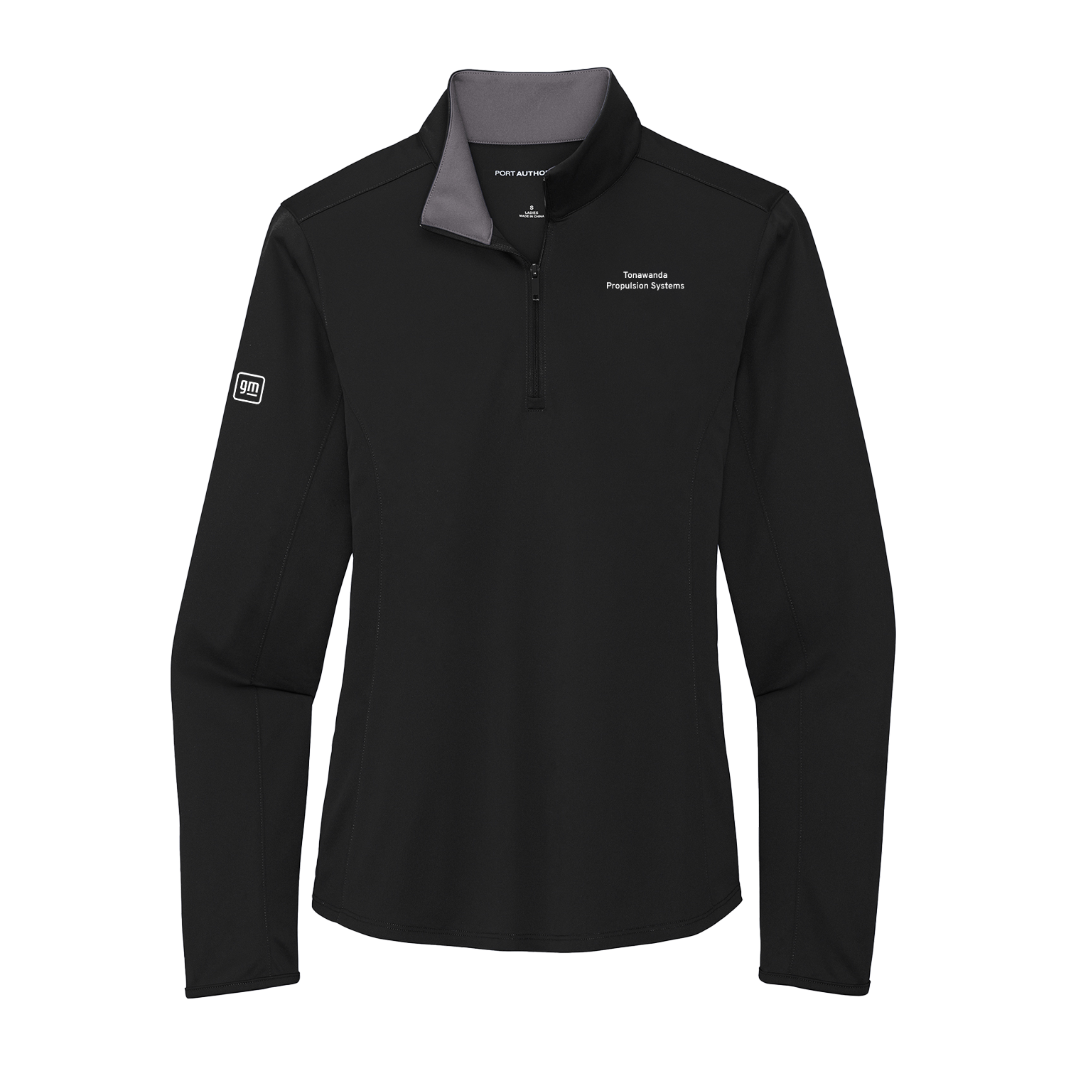 Black long-sleeve shirt with gray collar on a white background