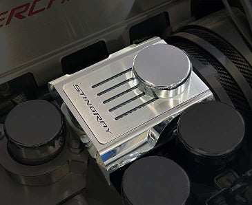 Master Cylinder Cover Manual Polished Stainless w/Brushed Ribbed Top Plate Stingray Style Black Carbon Fiber