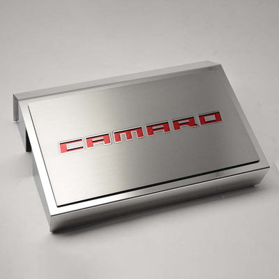 Gray 2016-2021 Camaro - Fuse Box Cover Polished w/Brushed CAMARO Top Plate