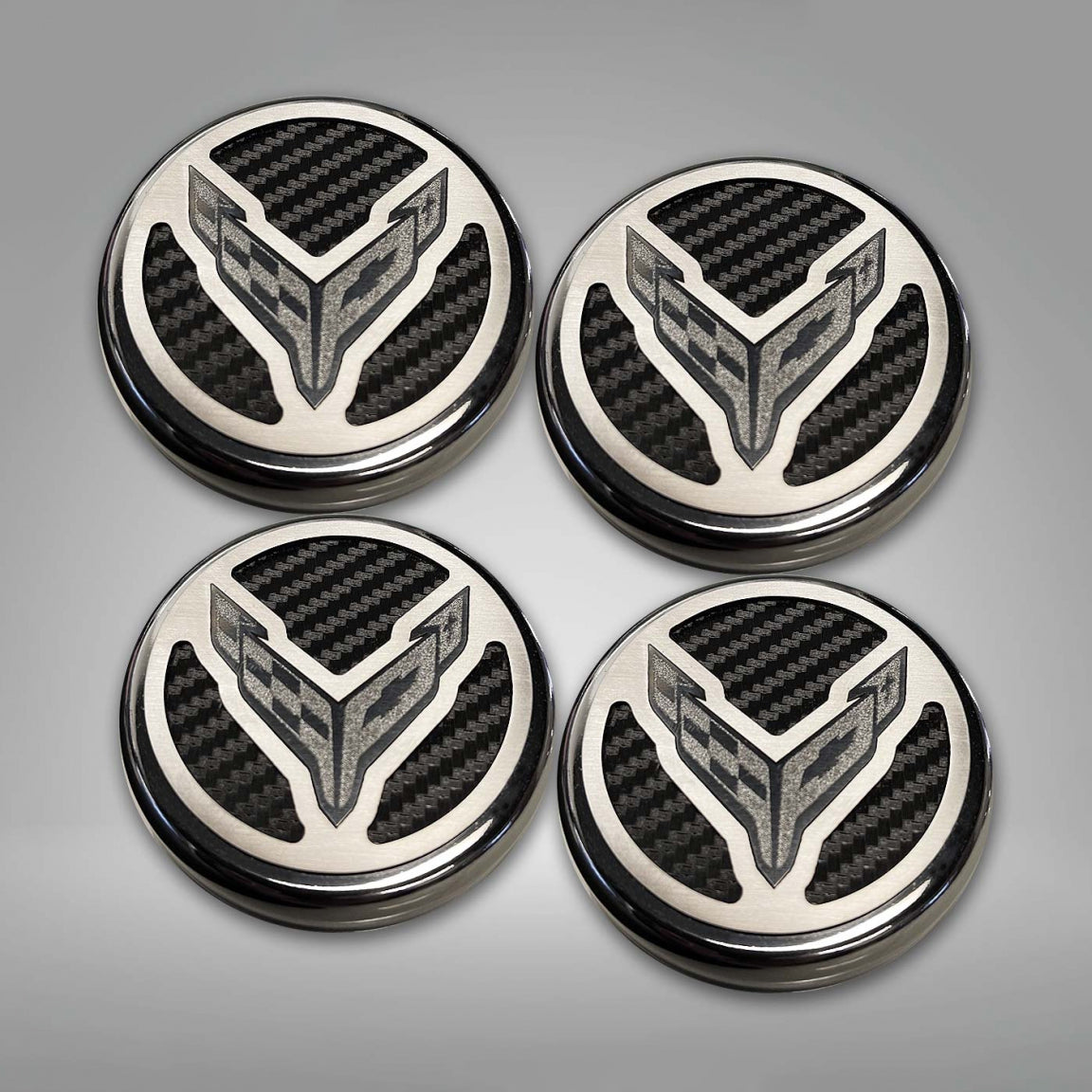 Dark Gray 2020-2024 C8 Corvette Coupe - Cap Cover Set 4pc Carbon Fiber Inserts with Stainless Crossed Flags Logo - Polished/Brushed Finish