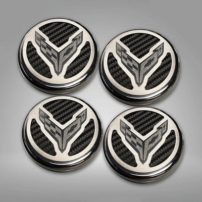 Dark Gray 2020-2024 C8 Corvette Coupe - Cap Cover Set 4pc Carbon Fiber Inserts with Stainless Crossed Flags Logo - Polished/Brushed Finish