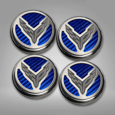 Dark Gray 2020-2024 C8 Corvette Coupe - Cap Cover Set 4pc Carbon Fiber Inserts with Stainless Crossed Flags Logo - Polished/Brushed Finish