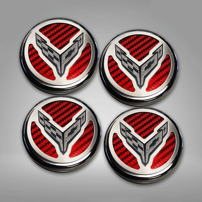 Dark Gray 2020-2024 C8 Corvette Coupe - Cap Cover Set 4pc Carbon Fiber Inserts with Stainless Crossed Flags Logo - Polished/Brushed Finish