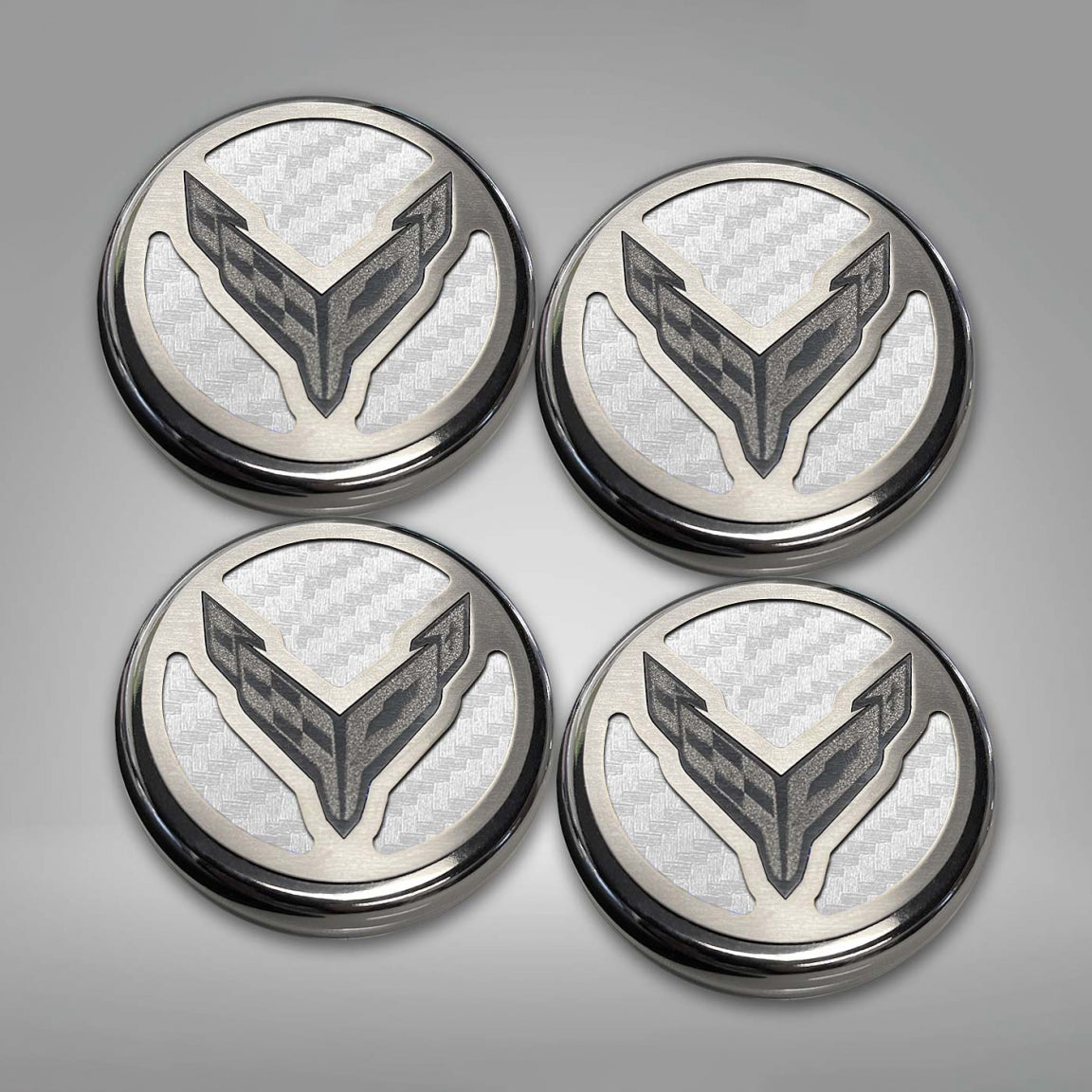 Dark Gray 2020-2024 C8 Corvette Coupe - Cap Cover Set 4pc Carbon Fiber Inserts with Stainless Crossed Flags Logo - Polished/Brushed Finish