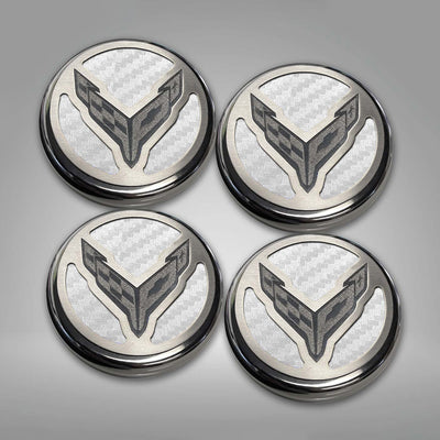 Dark Gray 2020-2024 C8 Corvette Coupe - Cap Cover Set 4pc Carbon Fiber Inserts with Stainless Crossed Flags Logo - Polished/Brushed Finish