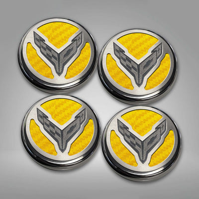 Dark Gray 2020-2024 C8 Corvette Coupe - Cap Cover Set 4pc Carbon Fiber Inserts with Stainless Crossed Flags Logo - Polished/Brushed Finish