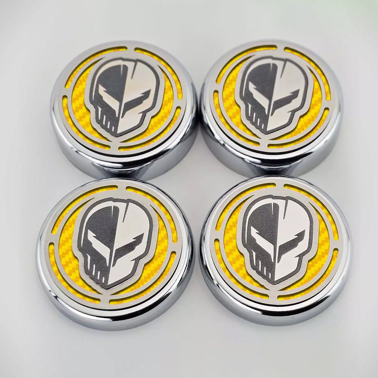 Light Gray 2020-2024 C8 Corvette Coupe - Cap Cover Set 4pc Carbon Fiber Inserts with Stainless Jake Skull Logo - Polished/Brushed Finish