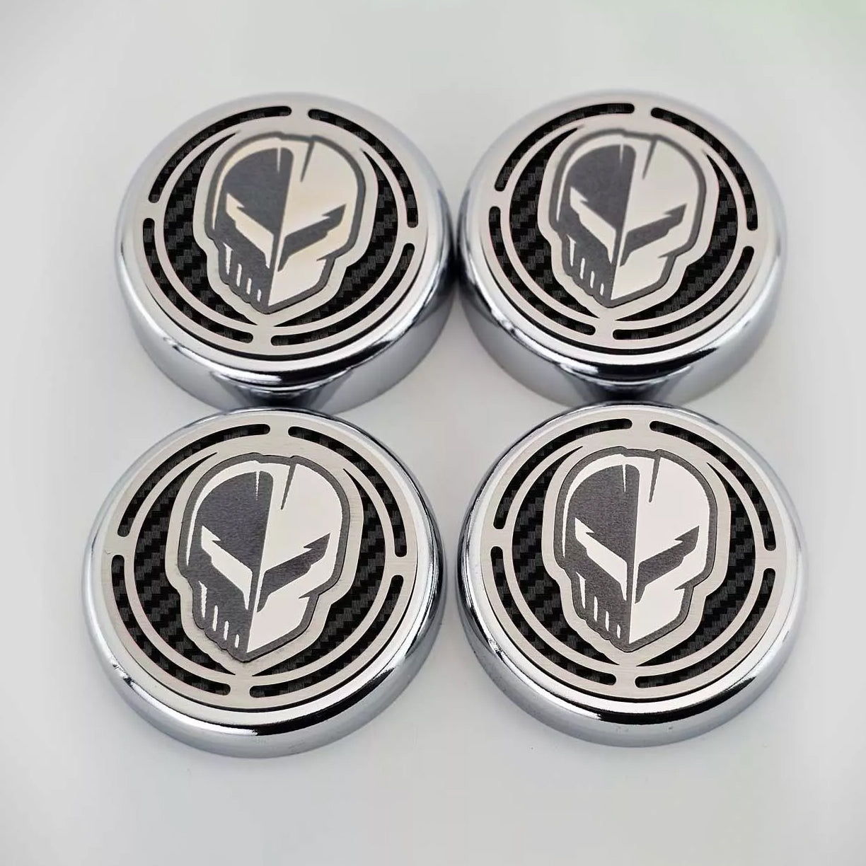 Light Gray 2020-2024 C8 Corvette Coupe - Cap Cover Set 4pc Carbon Fiber Inserts with Stainless Jake Skull Logo - Polished/Brushed Finish