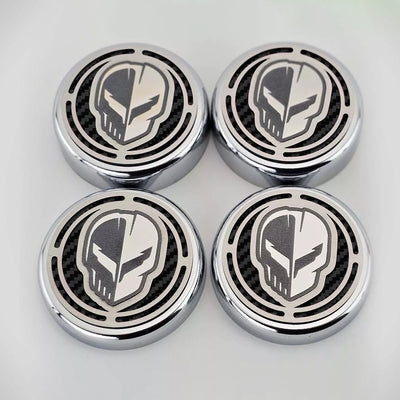 Light Gray 2020-2024 C8 Corvette Coupe - Cap Cover Set 4pc Carbon Fiber Inserts with Stainless Jake Skull Logo - Polished/Brushed Finish