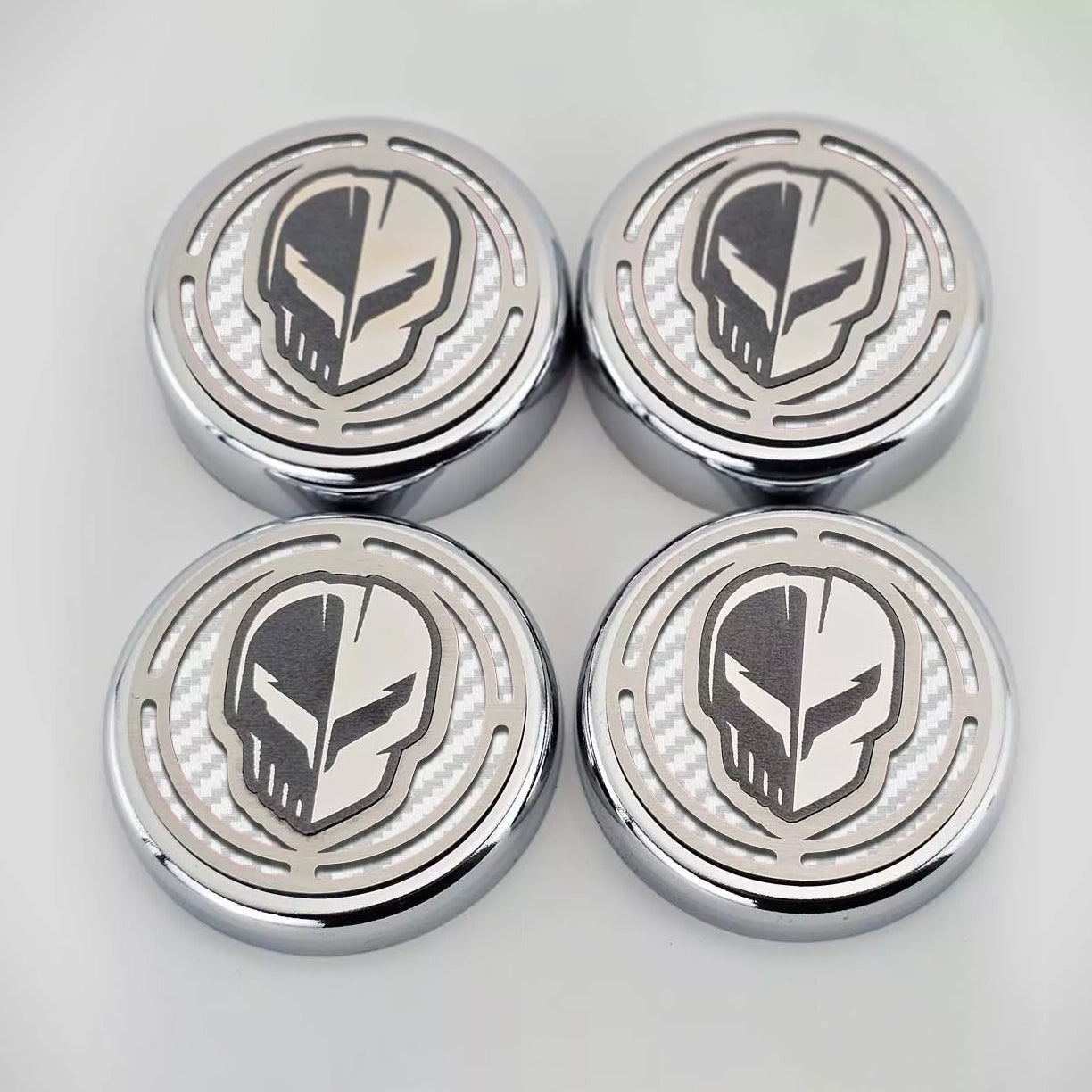 Light Gray 2020-2024 C8 Corvette Coupe - Cap Cover Set 4pc Carbon Fiber Inserts with Stainless Jake Skull Logo - Polished/Brushed Finish