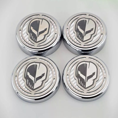 Light Gray 2020-2024 C8 Corvette Coupe - Cap Cover Set 4pc Carbon Fiber Inserts with Stainless Jake Skull Logo - Polished/Brushed Finish