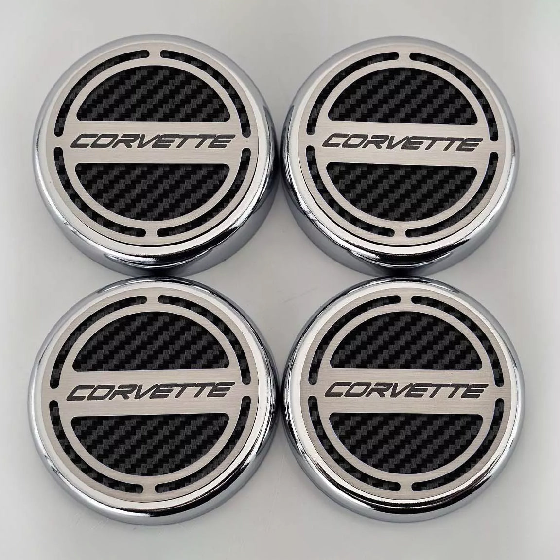 Gray 2020-2024 C8 Corvette Coupe - Cap Cover Set 4pc Carbon Fiber Inserts with Stainless Corvette Logo - Polished/Brushed Finish