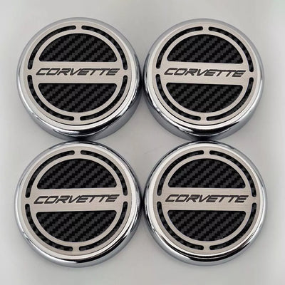 Gray 2020-2024 C8 Corvette Coupe - Cap Cover Set 4pc Carbon Fiber Inserts with Stainless Corvette Logo - Polished/Brushed Finish