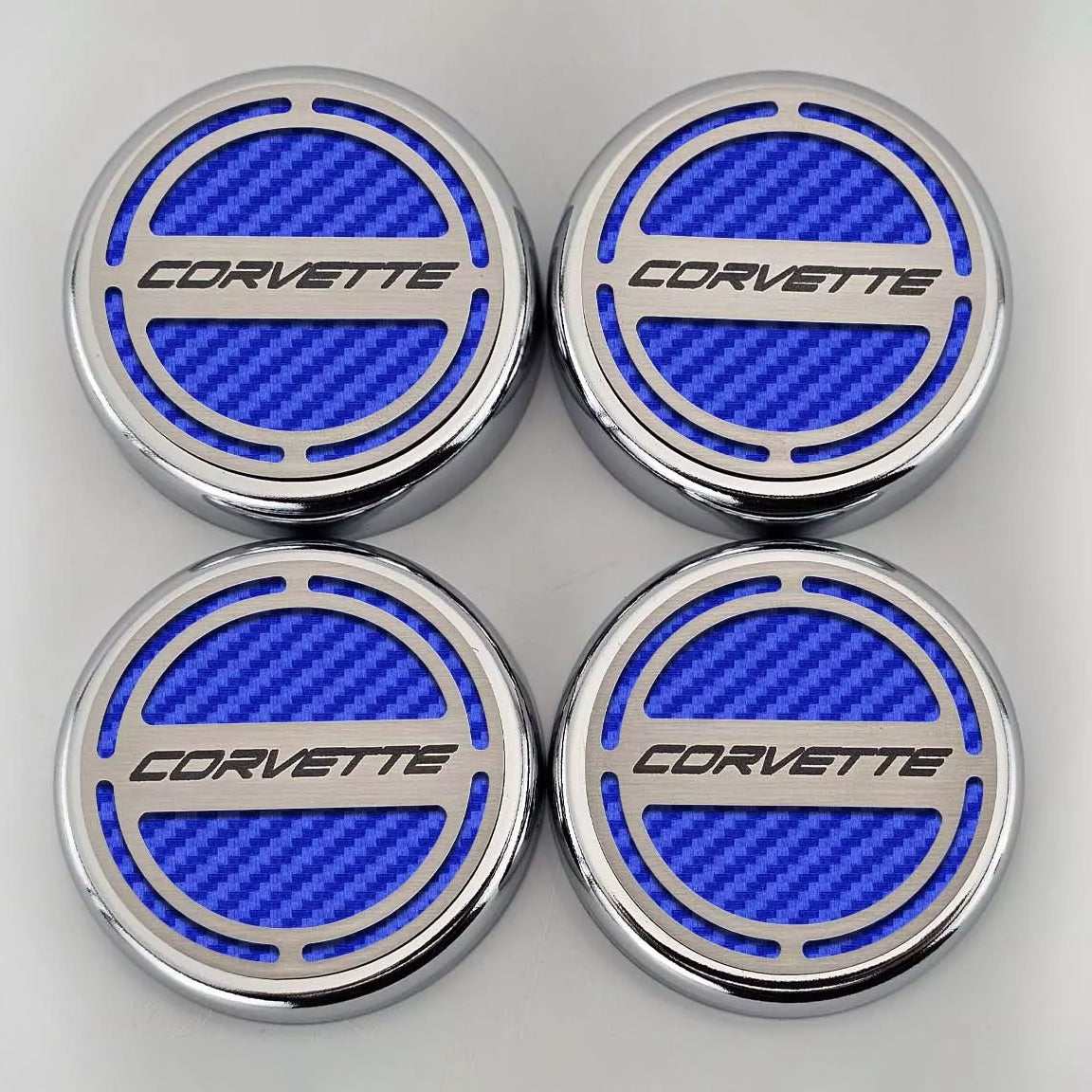 Gray 2020-2024 C8 Corvette Coupe - Cap Cover Set 4pc Carbon Fiber Inserts with Stainless Corvette Logo - Polished/Brushed Finish