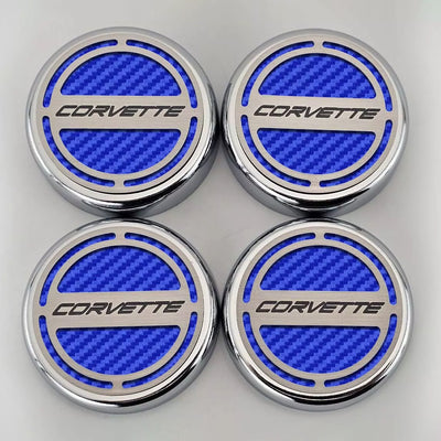 Gray 2020-2024 C8 Corvette Coupe - Cap Cover Set 4pc Carbon Fiber Inserts with Stainless Corvette Logo - Polished/Brushed Finish