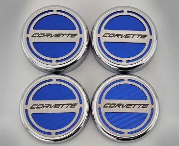 2020-2024 C8 Corvette Coupe - Cap Cover Set 4pc Carbon Fiber Inserts with Stainless Corvette Logo - Polished/Brushed Finish