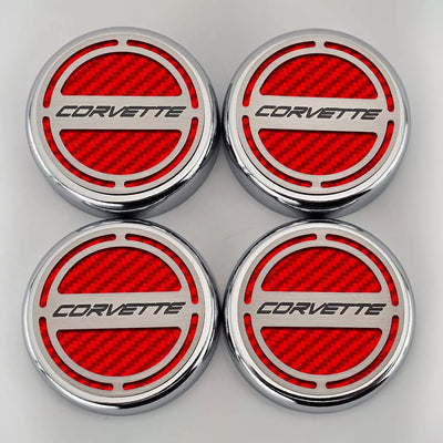Gray 2020-2024 C8 Corvette Coupe - Cap Cover Set 4pc Carbon Fiber Inserts with Stainless Corvette Logo - Polished/Brushed Finish