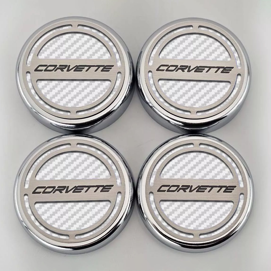 Gray 2020-2024 C8 Corvette Coupe - Cap Cover Set 4pc Carbon Fiber Inserts with Stainless Corvette Logo - Polished/Brushed Finish