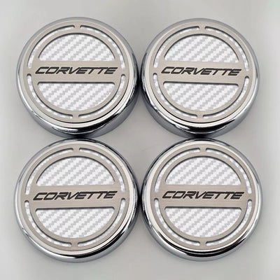 Gray 2020-2024 C8 Corvette Coupe - Cap Cover Set 4pc Carbon Fiber Inserts with Stainless Corvette Logo - Polished/Brushed Finish